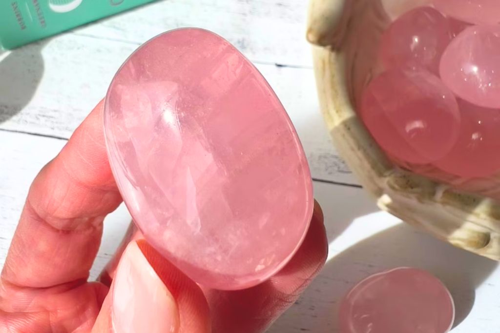 a woman holding a Star Rose Quartz crystal