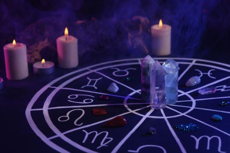 astrology wheel with crystals on each zodiac sign