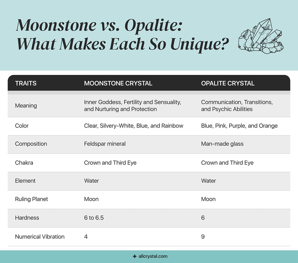 A custom graphic table for the unique traits of Moonstone vs Opalite