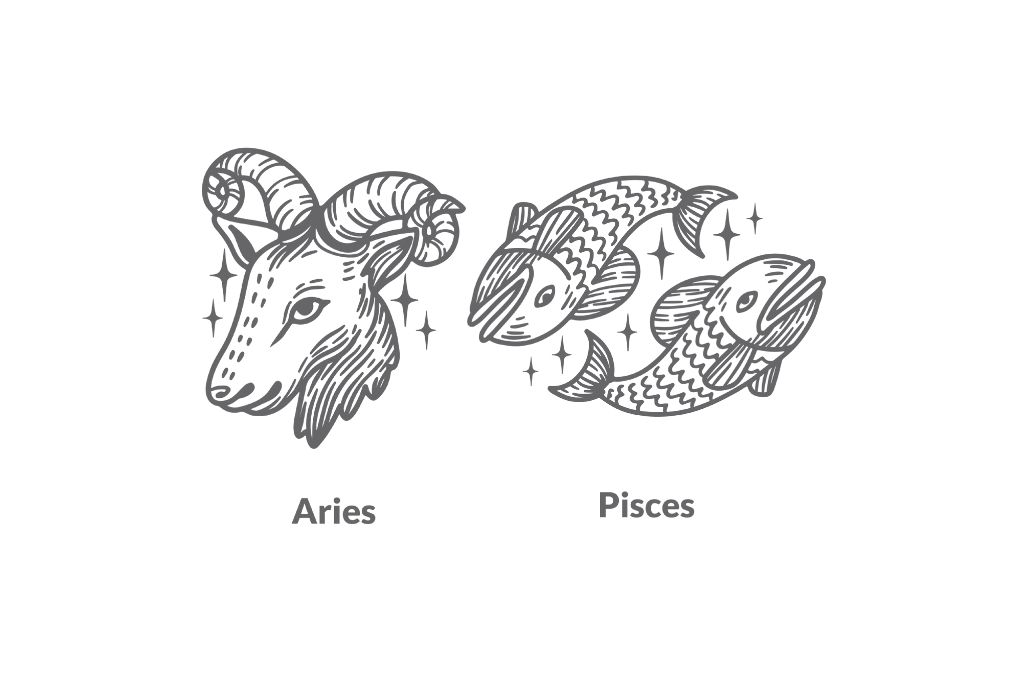 An image of the Aries and Pisces zodiac signs in black and white, set against a white background.