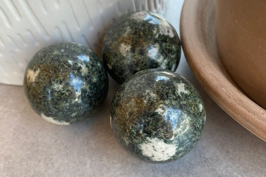 A three Preseli Bluestone sphere. Source: Etsy | MontysRocks