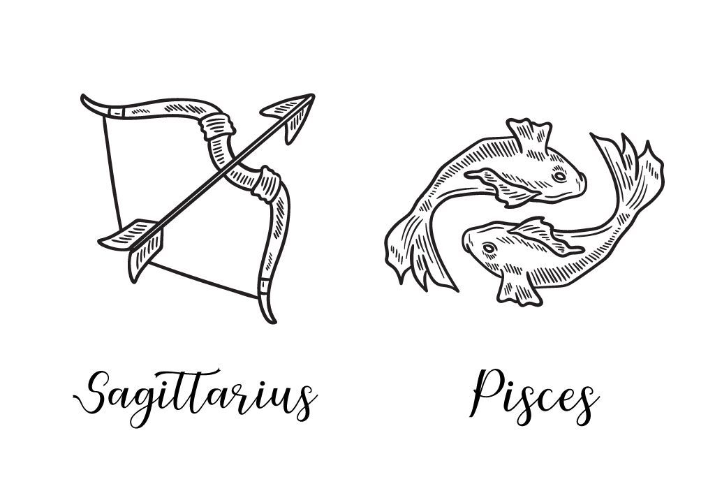 a line art symbol of sagittarius (archer) and pisces (fish)