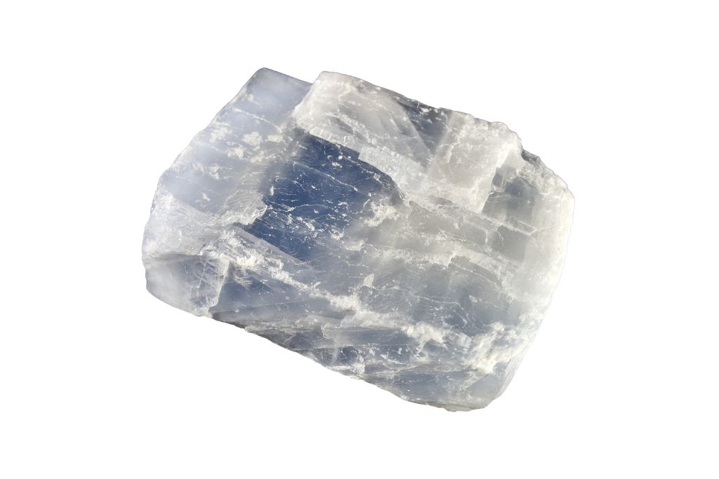 A Blue Calcite crystal on a white background