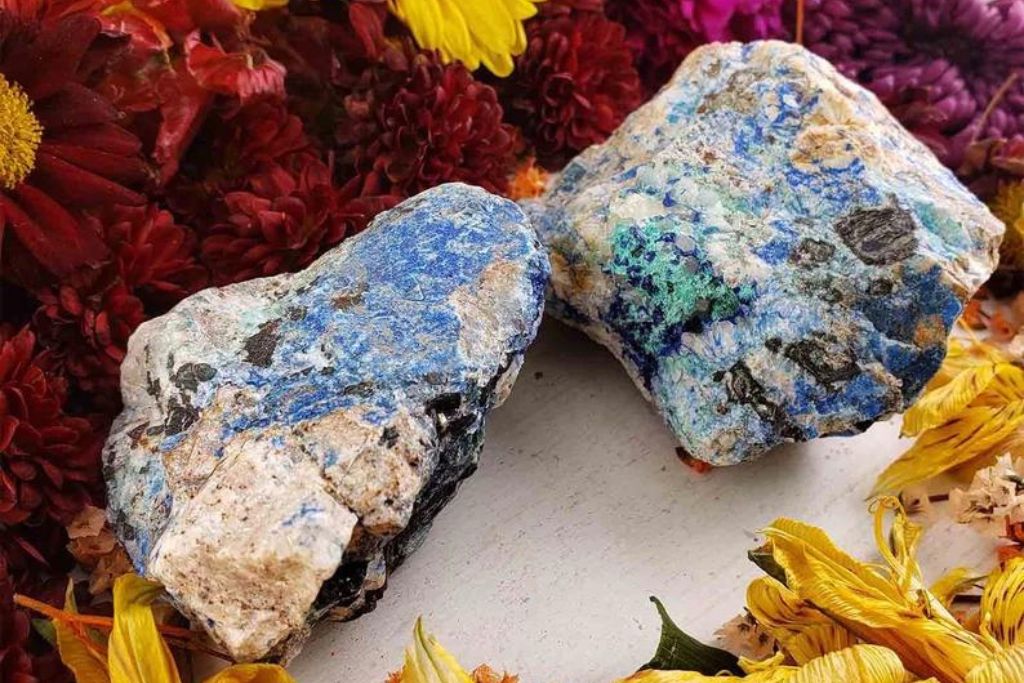 2 raw Linarite surrounded by flowers