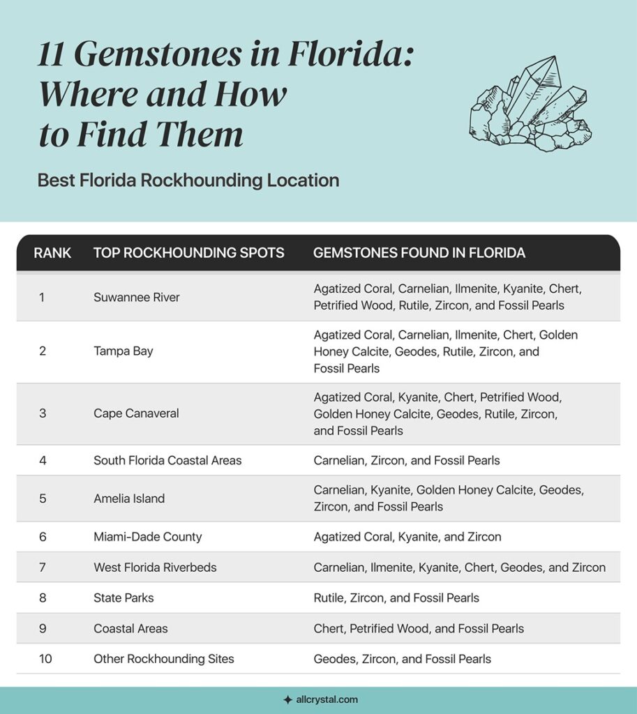 graphic table about top 10 best rockhounding locations in florida