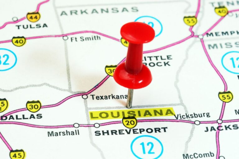 A zoomed map of Louisiana pinned