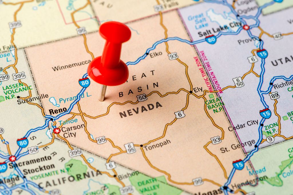 Map of the Nevada pinned with red pin