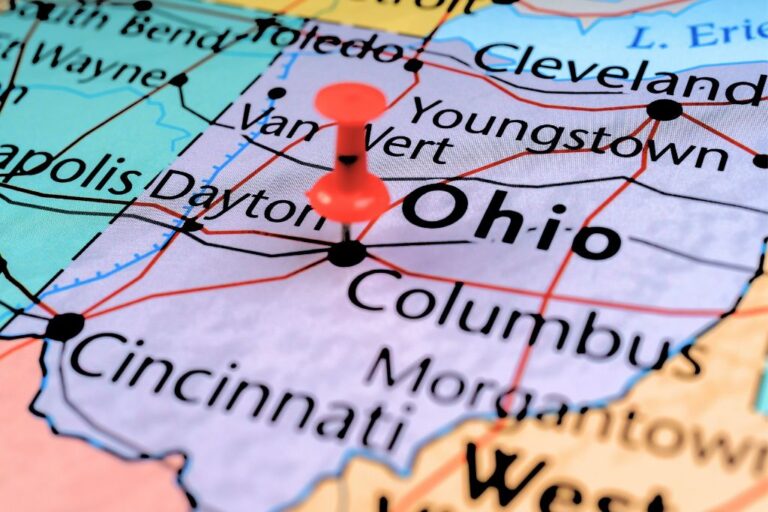 a map, featuring the place of Ohio with a red pin