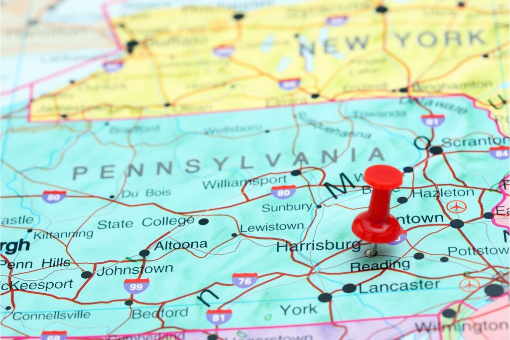 Pennsylvania map pinned with red pin