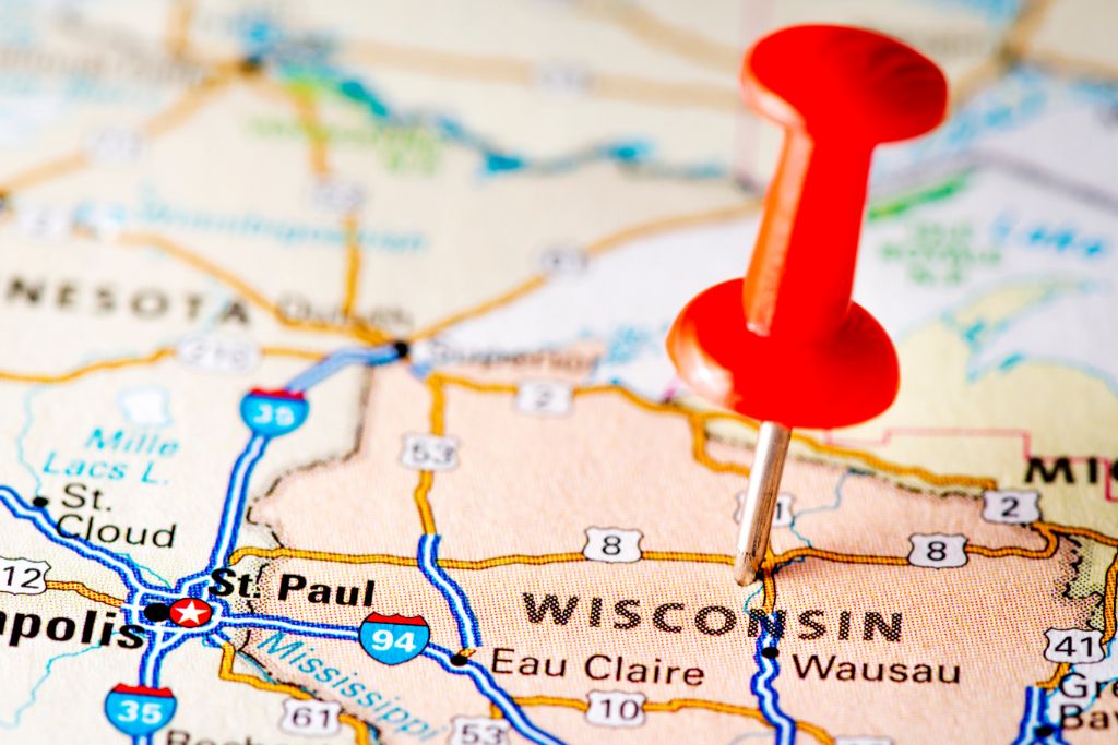 Wisconsin map pinned with red pin