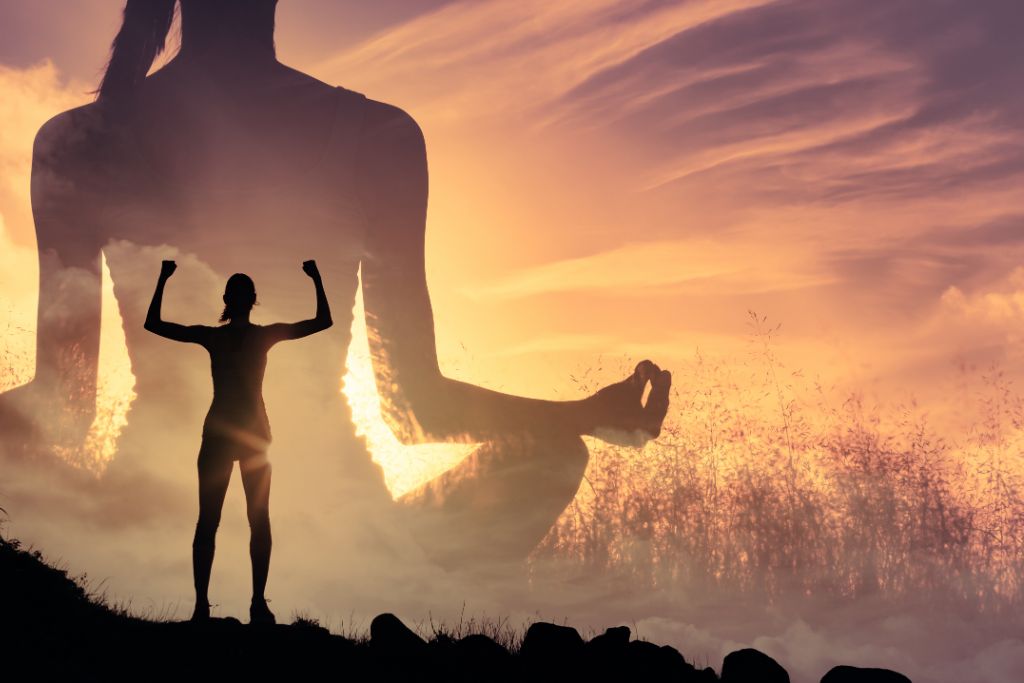 Woman on the mountain and sitting shadow