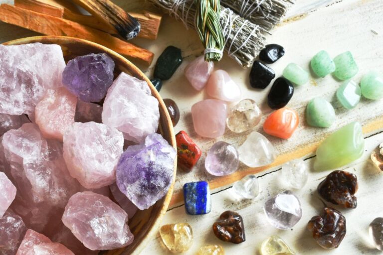 crystals on a table with some things with it