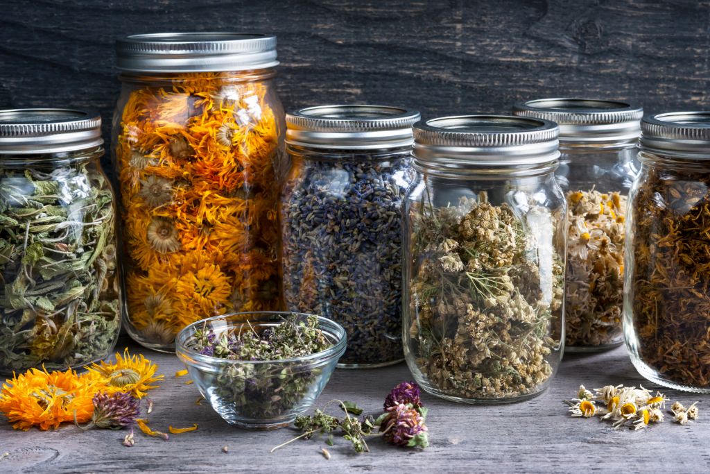 Jars full of different herbs