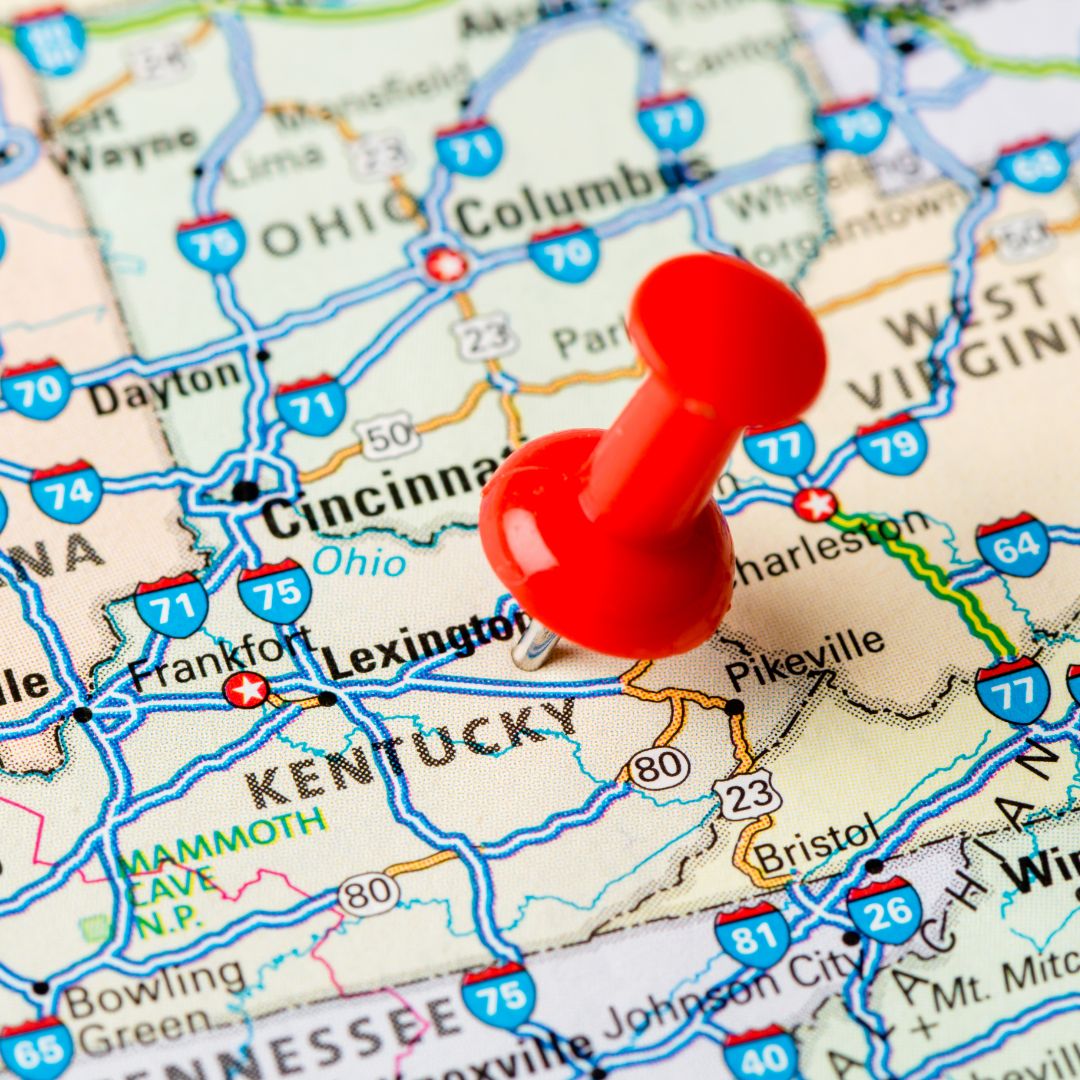a map, featuring the place of Kentucky with a red pin