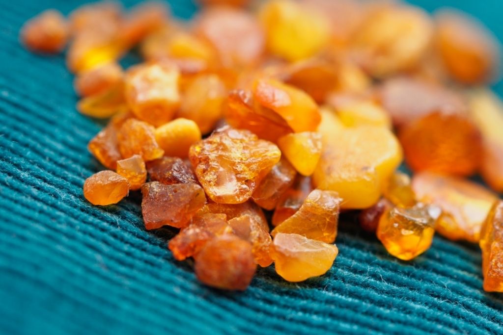 bony amber crystals on a cloth