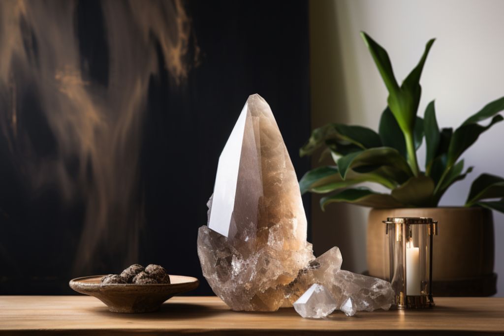 marialite crystal on top of a table surrounded by plants and plates