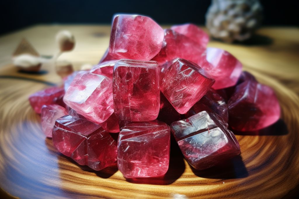 red beryl chunks on polished wood