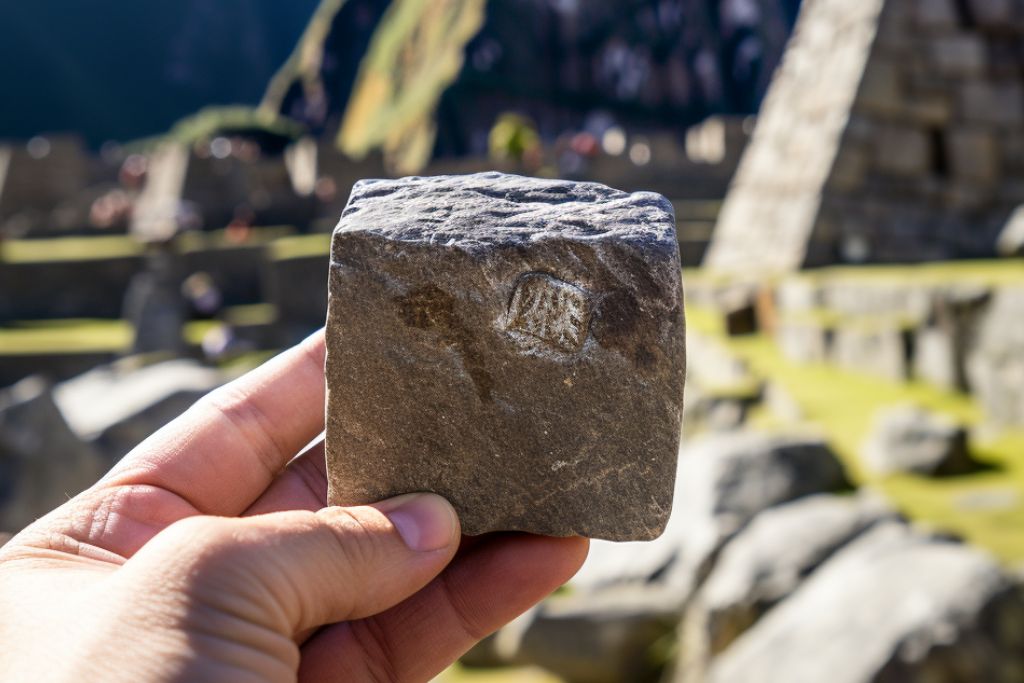 small chunk of machu picchu stone on models hand