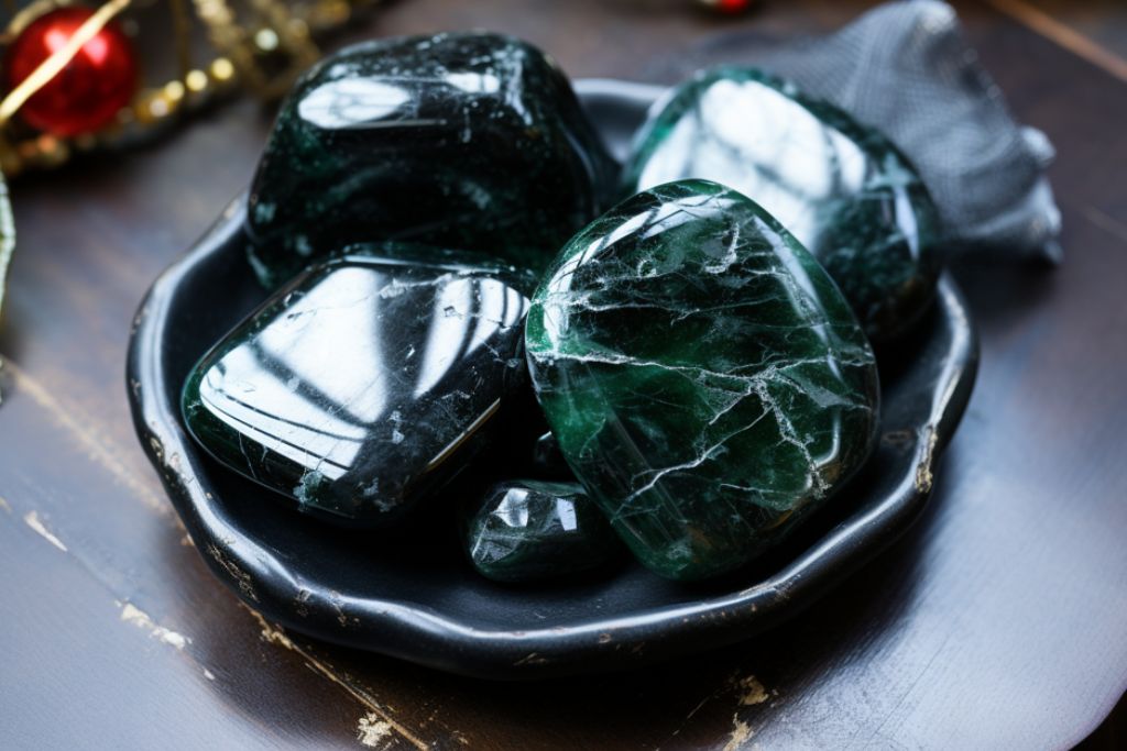 A dark green to black stone variety of jadeite on home lifestyle background