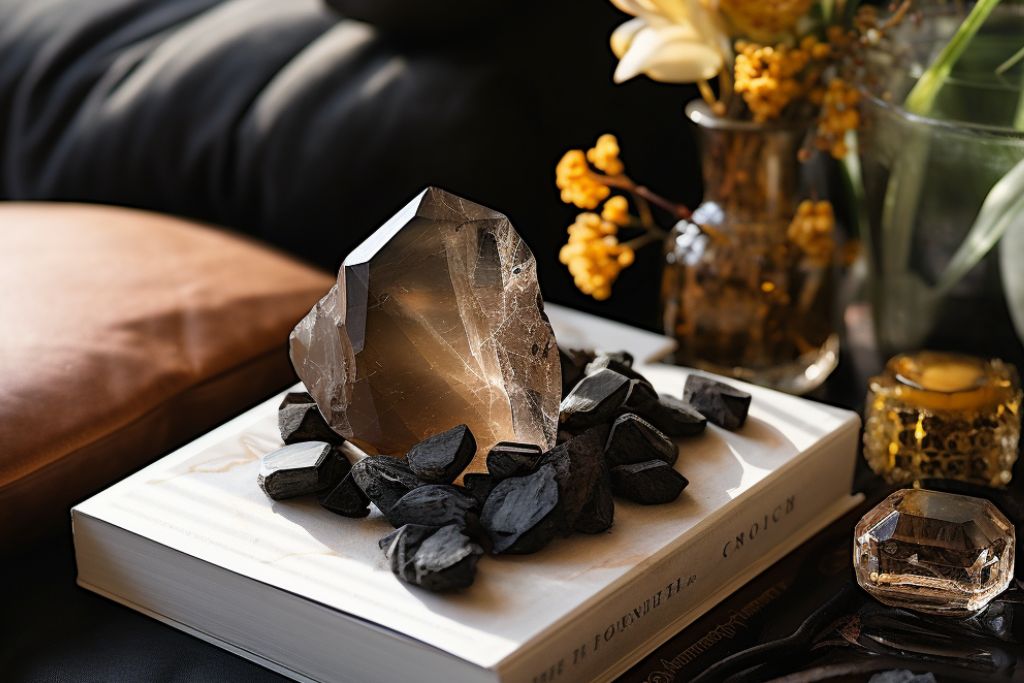 Cairngorm Smoky Quartz together with black stones situated on top of a white book