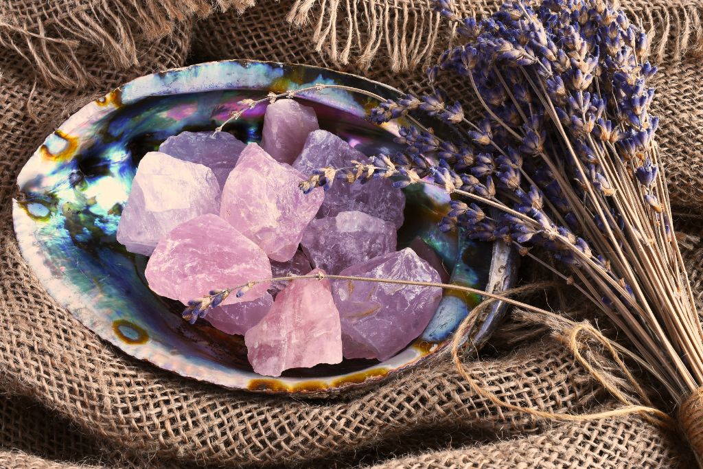 crystals and flower with a bowl