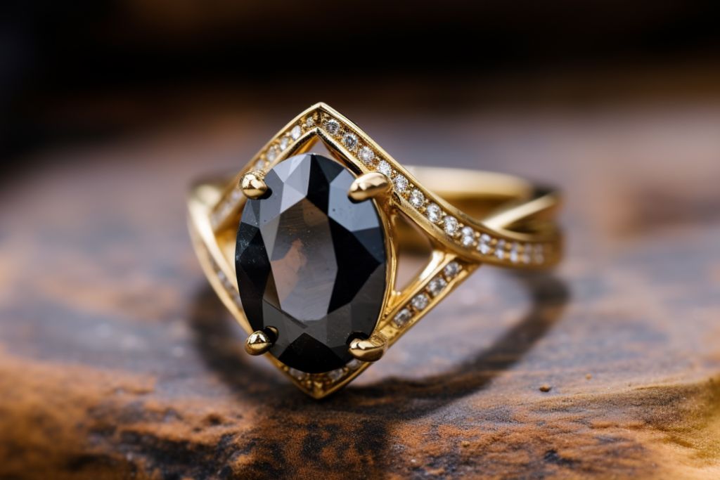 black malanite garnet gold ring on rough table