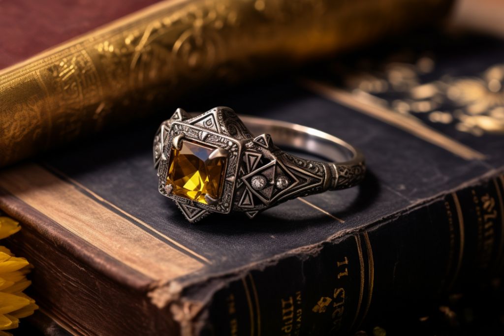 canary diamond ring situated on a medieval period book 