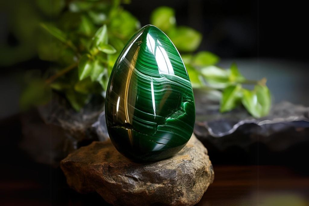 cat's eye emerald on a rock, surrounded by plants