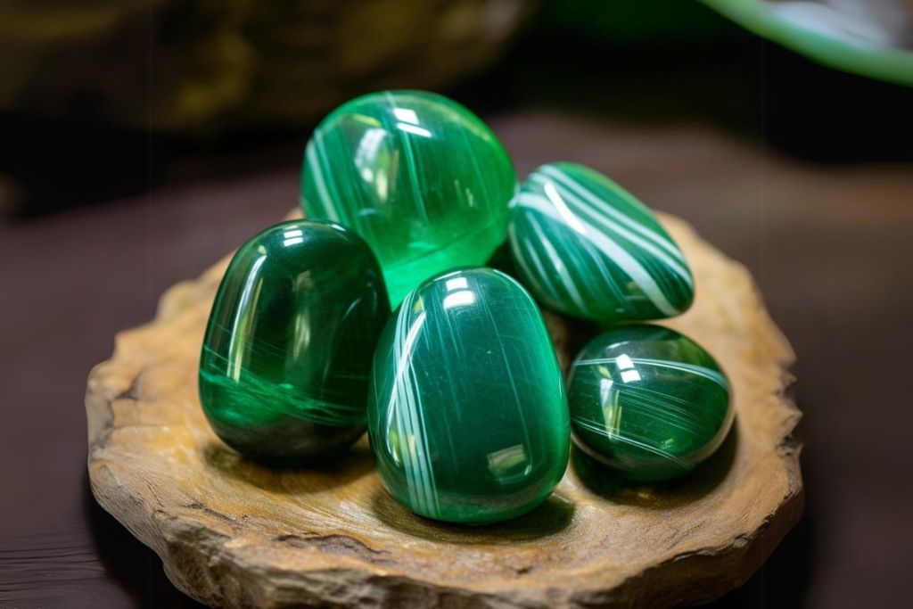tumbled cat's eye emerald on a wooden board