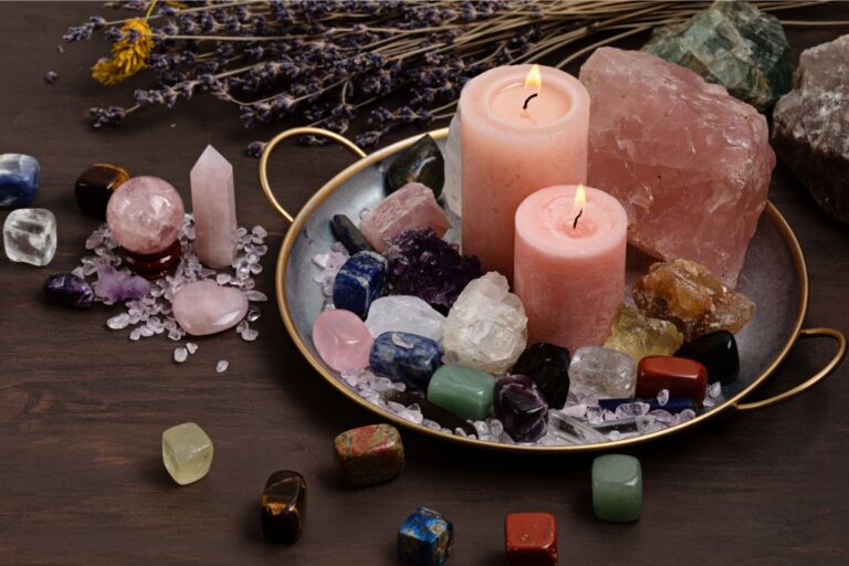 Crystal altar and candle on the table