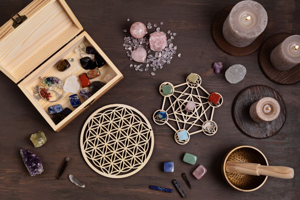 crystal grid preparation on brown table