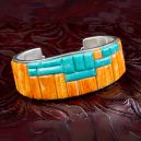 navajo turquoise oyster silver bracelet on leather textile