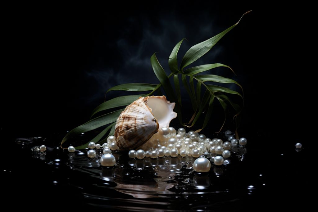 pearls together with sea shell on dark background