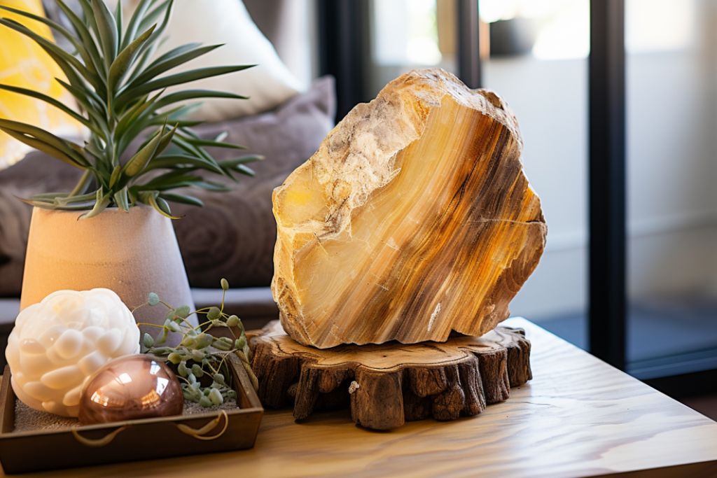 petrified palm wood chunk on living room table
