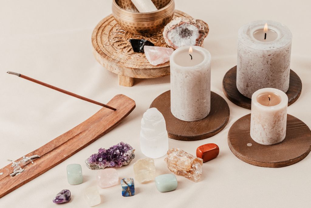 altar with crystals and candles 