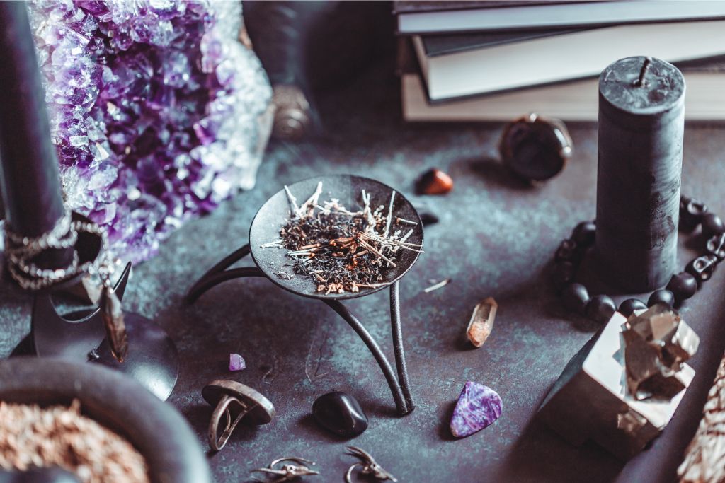 altar with herbs and candles 