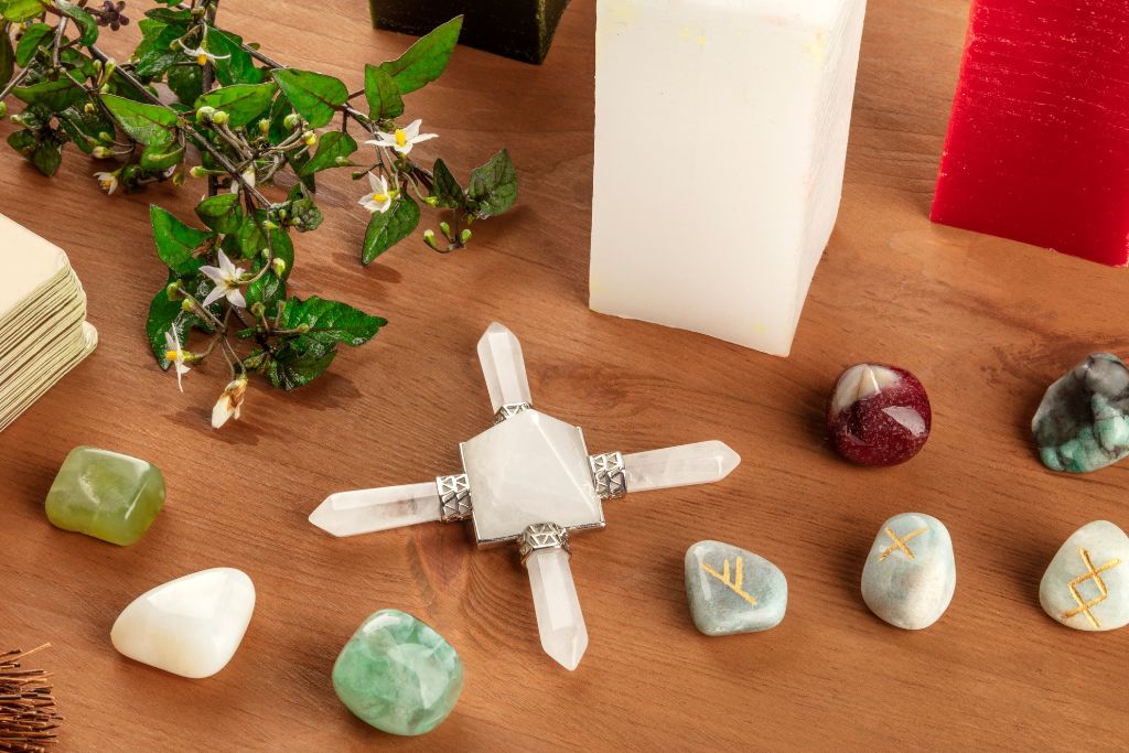 Wiccan Altar and crystals on the table 