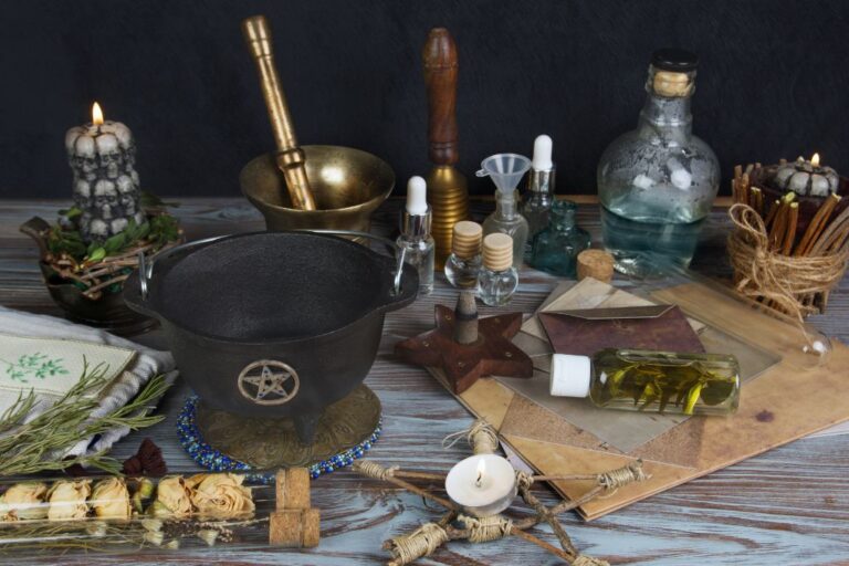 Wiccan Altar and components on the table