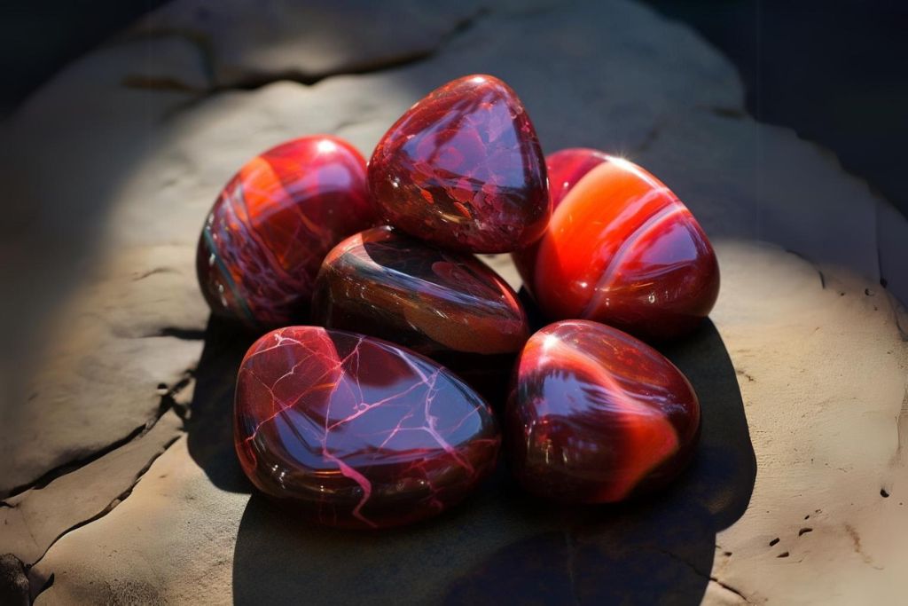 cherry opal crystals on a gray rock