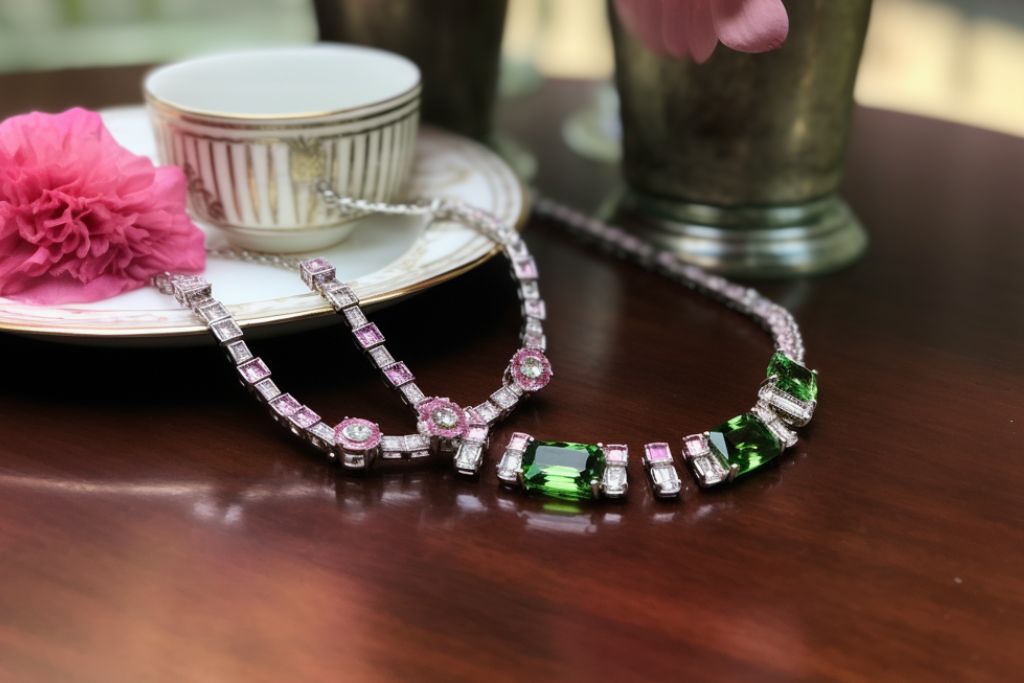 chrome tourmaline necklace on brown table