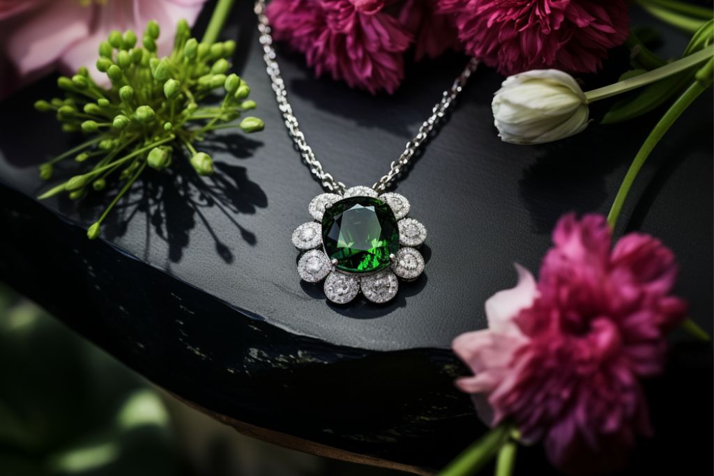 chrome tourmaline silver necklace on black table adorned with flowers