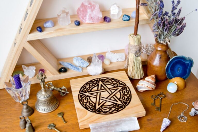 crystal altar with miscellaneous accessories