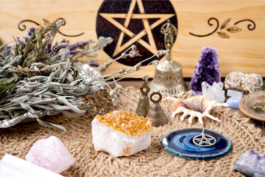 various altar decorations displayed on a table