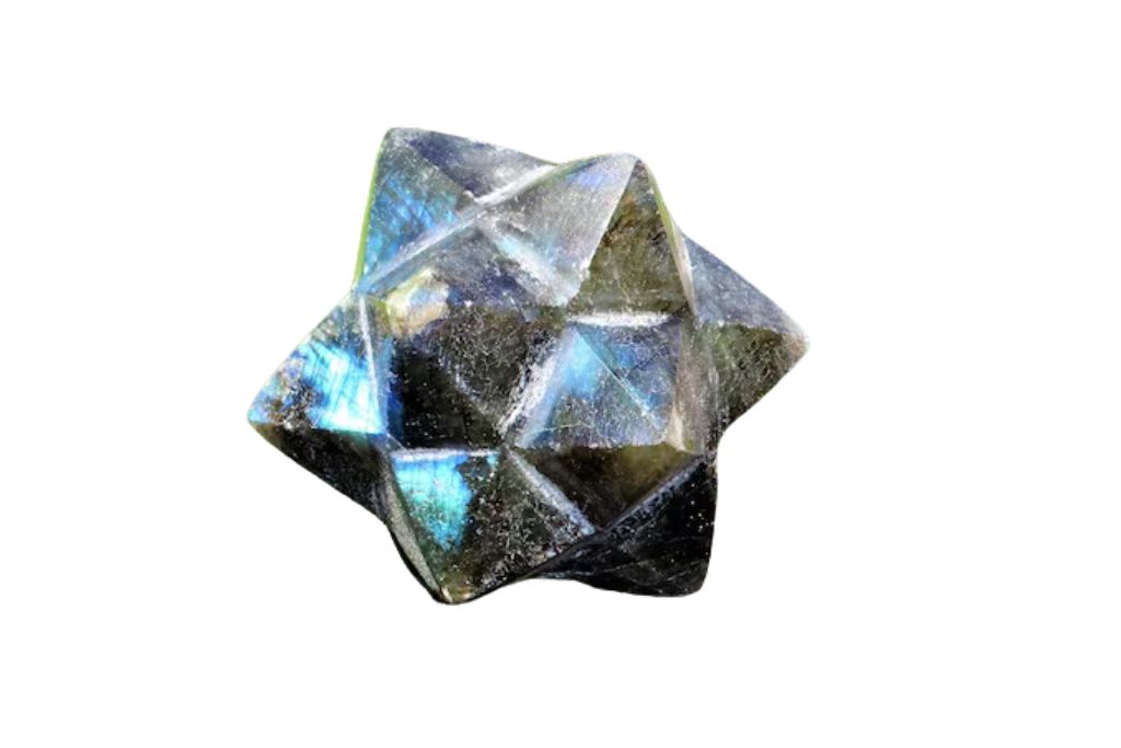 Merkaba shaped Labradorite on a white background