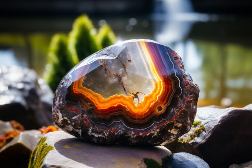 polished condor agate on rocky surface