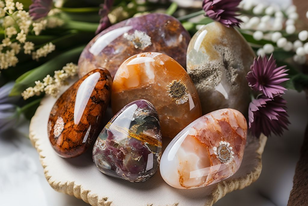 polished flower agate on table