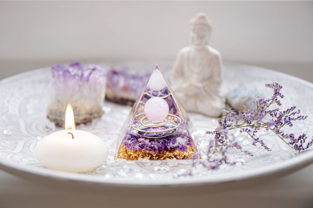 a small altar with orgonite and various decorations