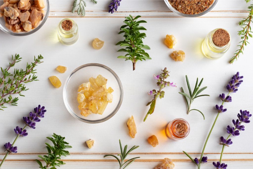 crystals and flowers on white background