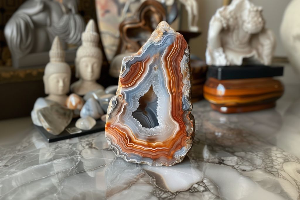 laguna agate situated beside buddha altar