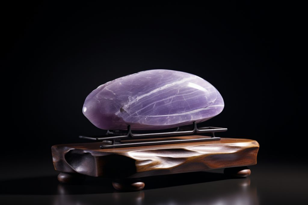 lavender jade stone on brown polished wood